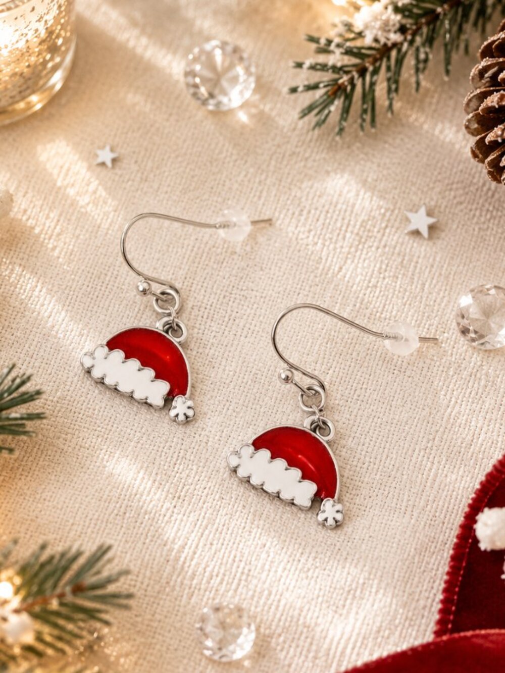Santa Hat Christmas Dangle Earrings Red Enamel Holiday Winter Jewelry
